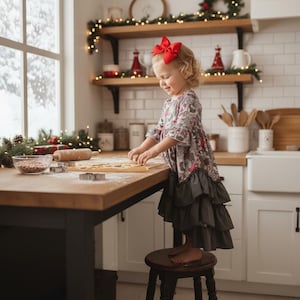 Girls Long Ruffle Holiday Green + Red Star Christmas Dresses For School Concerts Winter Celebration Ready for family Photos 2T to 8Yrs