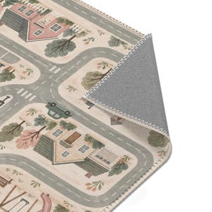 Interactive Neutral City Play Mat featuring a charming small town with driving roads, playgrounds and gas station areas, a fun Small Town Road Rug and Aesthetic Nursery Educational Playmat that encourages hours of imaginative play.