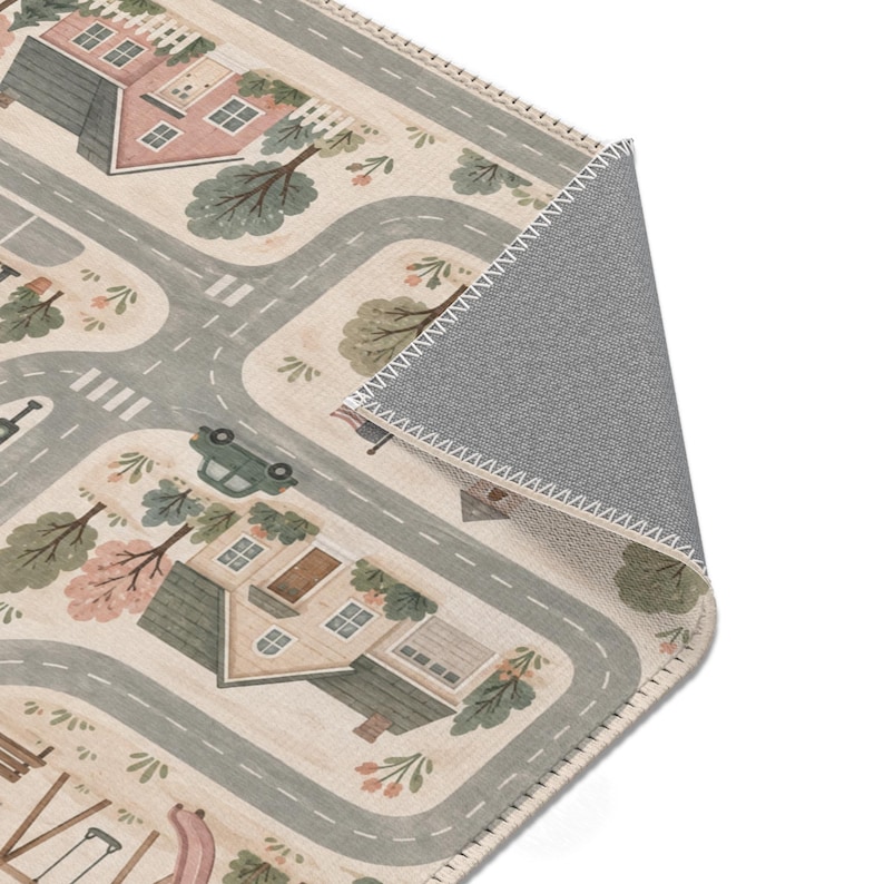 Interactive Neutral City Play Mat featuring a charming small town with driving roads, playgrounds and gas station areas, a fun Small Town Road Rug and Aesthetic Nursery Educational Playmat that encourages hours of imaginative play.