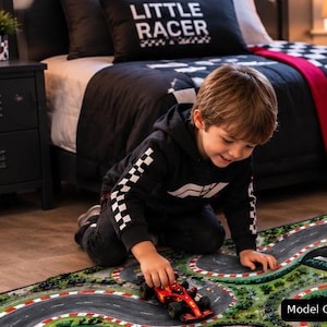 Race Car Road Rug featuring a Formula 1 Track Play Mat with Grand Prix inspired roads and racing areas, a fun Kid Grand Prix Activity Carpet and Nursery Educational Mat designed for hours of Imaginative Play with favorite toy race cars. Image created with AI.
