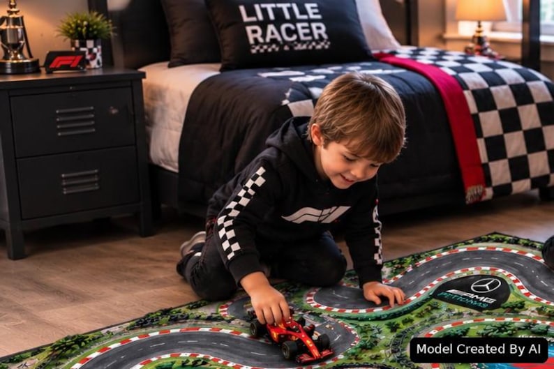 Race Car Road Rug featuring a Formula 1 Track Play Mat with Grand Prix inspired roads and racing areas, a fun Kid Grand Prix Activity Carpet and Nursery Educational Mat designed for hours of Imaginative Play with favorite toy race cars. Image created with AI.