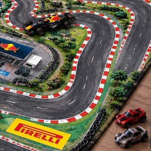 Nursery Educational Mat featuring a Race Car Road Rug Formula 1 Track Play Mat where children can race toy cars around a Grand Prix inspired course, creating a fun Kid Grand Prix Activity Carpet for creative and Imaginative Play.