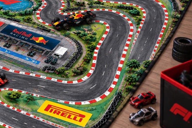 Nursery Educational Mat featuring a Race Car Road Rug Formula 1 Track Play Mat where children can race toy cars around a Grand Prix inspired course, creating a fun Kid Grand Prix Activity Carpet for creative and Imaginative Play.