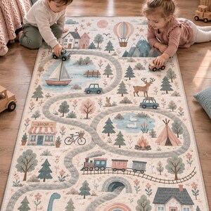 Pastel Woodland Play Rug Muted Neutral Road Carpet Kids Village Train Area Rug Nursery Educational Playmat Aesthetic Girl Boy Room Decor