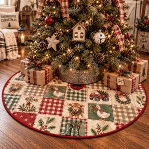 May include: A round Christmas tree skirt featuring a patchwork design with illustrations of a cow, a goose, a red tractor, a windmill, and green boots. The fabric includes red and green plaid patterns, pine branches, and a solid red border trim.