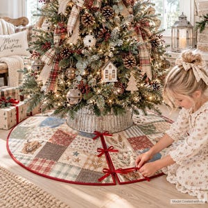 May include: A round Christmas tree skirt featuring a patchwork design with various patterns including highland cows, wheat stalks, and stars in muted earth tones. The skirt has a red fabric border and three red ribbon ties to secure the opening.