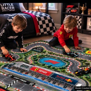 Race Car Road Rug Formula 1 Track Play Mat featuring an exciting Kid Grand Prix Activity Carpet design for racing toy cars, perfect as a Nursery Educational Mat that encourages Imaginative Play for children who love Red Bull Mercedes Ferrari racing. Image created with AI.