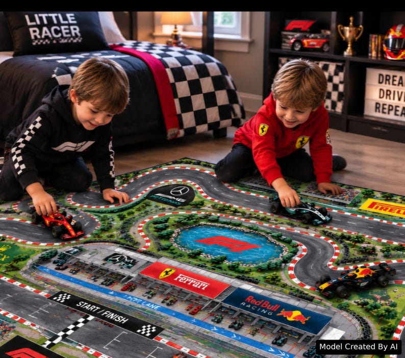 Race Car Road Rug Formula 1 Track Play Mat featuring an exciting Kid Grand Prix Activity Carpet design for racing toy cars, perfect as a Nursery Educational Mat that encourages Imaginative Play for children who love Red Bull Mercedes Ferrari racing. Image created with AI.