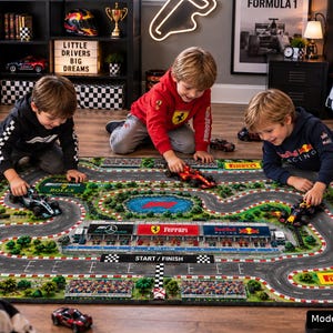 Formula 1 Track Play Mat and Race Car Road Rug designed as a fun Kid Grand Prix Activity Carpet for toy racing adventures, creating an interactive Nursery Educational Mat for Imaginative Play inspired by Red Bull Mercedes Ferrari race cars. Image created with AI.