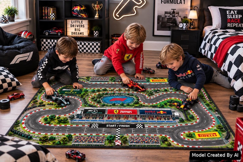 Formula 1 Track Play Mat and Race Car Road Rug designed as a fun Kid Grand Prix Activity Carpet for toy racing adventures, creating an interactive Nursery Educational Mat for Imaginative Play inspired by Red Bull Mercedes Ferrari race cars. Image created with AI.