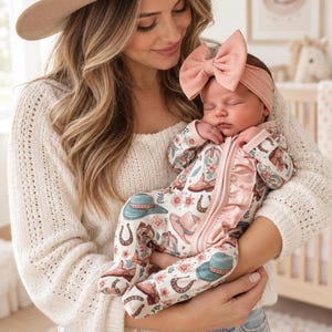 May include: A baby footed sleeper with a white base featuring a repeating pattern of brown cowboy boots, teal and pink cowboy hats, horseshoes, and small flowers. The garment includes a vertical pink ruffle detail along the front zipper closure. image created with ai.