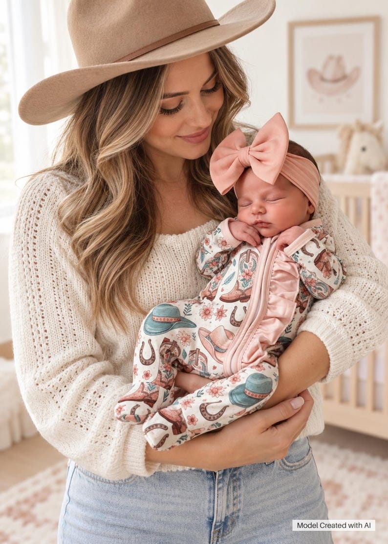 May include: A baby footed sleeper with a white base featuring a repeating pattern of brown cowboy boots, teal and pink cowboy hats, horseshoes, and small flowers. The garment includes a vertical pink ruffle detail along the front zipper closure. image created with ai.