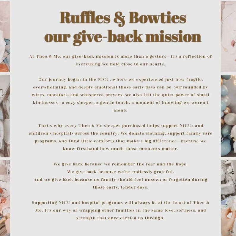 Op de afbeelding: Een lichtgrijze informatieve afbeelding met donkerbruine tekst getiteld Ruffles & Bowties our give-back mission. De tekst beschrijft het liefdadigheidsinitiatief van Theo & Me ter ondersteuning van neonatale afdelingen en ziekenhuizen.