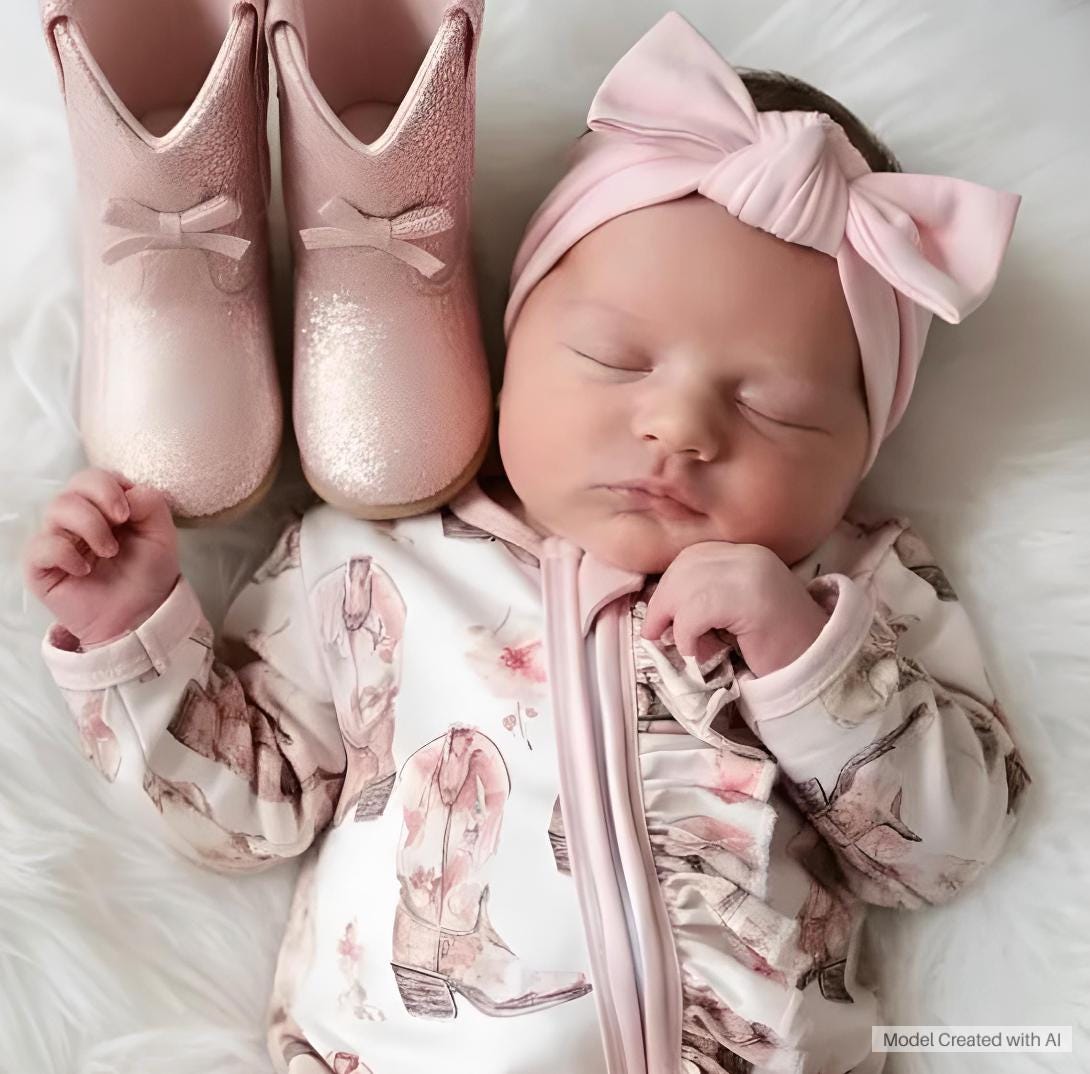 BEST SELLER - Western Girl Baby-Sleeper Water Color Cowboy Boot Print Baby Come Home Outfit little Cowgirl Infant Pajamas Shower Gift