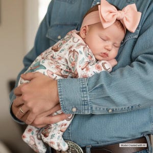 Adorable cowboy print western outfit for baby girl sleeper with convenient double zipper for easy diaper changes. This cozy baby romper jammies features convertible hands and feet so it can be worn as footed pajamas. image created with AI.