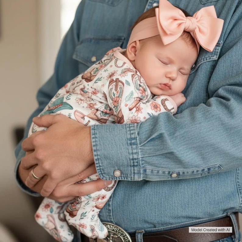 Adorable cowboy print western outfit for baby girl sleeper with convenient double zipper for easy diaper changes. This cozy baby romper jammies features convertible hands and feet so it can be worn as footed pajamas. image created with AI.
