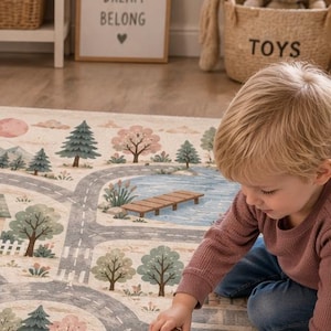 Small Town Road Rug featuring a Neutral City Play Mat with roads, playground areas and a gas station for interactive toy car adventures, creating a fun Playground Gas Station Area Carpet and Educational Playmat for toddlers and young children.