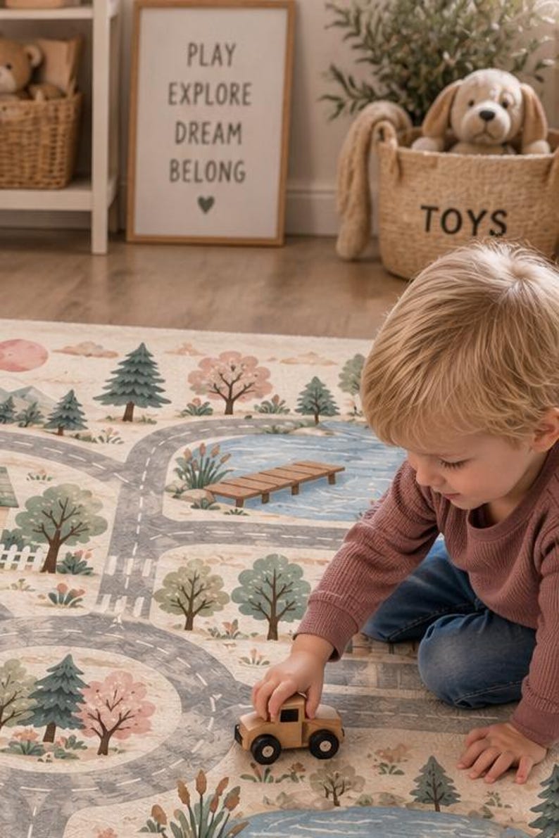 Small Town Road Rug featuring a Neutral City Play Mat with roads, playground areas and a gas station for interactive toy car adventures, creating a fun Playground Gas Station Area Carpet and Educational Playmat for toddlers and young children.
