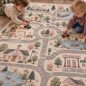 Neutral City Play Mat featuring a Small Town Road Rug with charming buildings, playground areas, gas station and winding roads for toy cars, creating a fun Playground Gas Station Area Carpet and Aesthetic Nursery Educational Playmat for imaginative play.