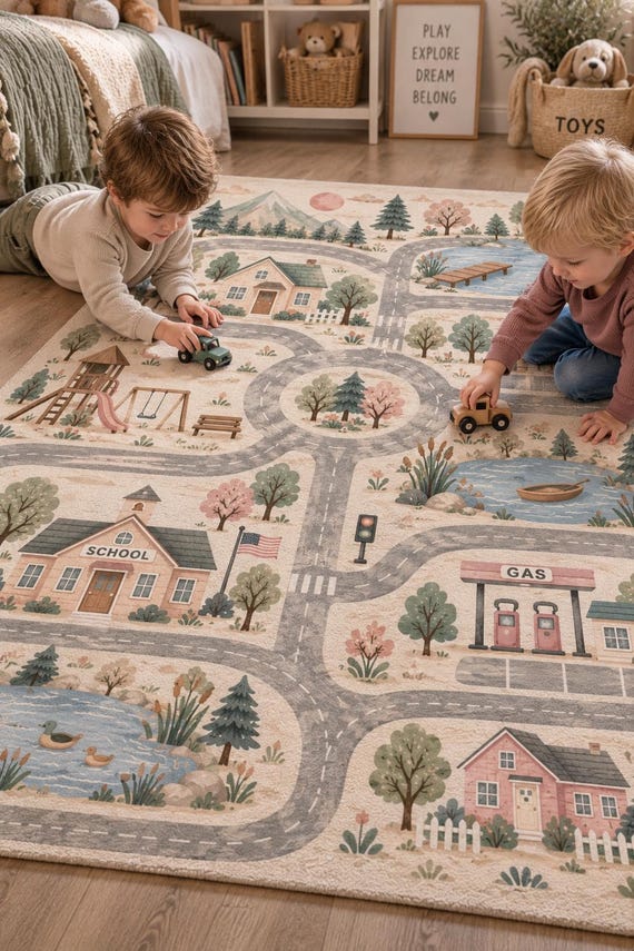 Neutral City Play Mat Small Town Road Rug Playground Gas Station Area Carpet Aesthetic Nursery Educational Playmat Kid Room Decor Toy Gift
