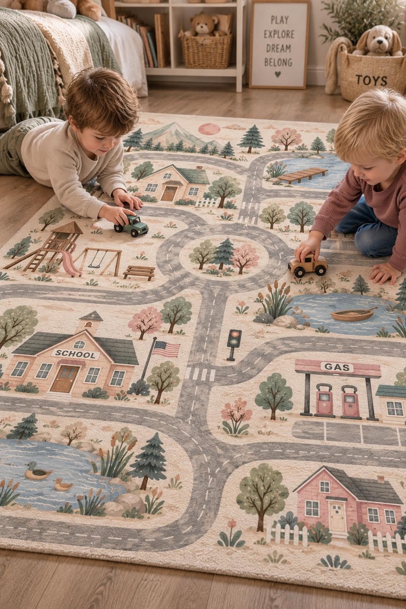 Neutral City Play Mat featuring a Small Town Road Rug with charming buildings, playground areas, gas station and winding roads for toy cars, creating a fun Playground Gas Station Area Carpet and Aesthetic Nursery Educational Playmat for imaginative play.