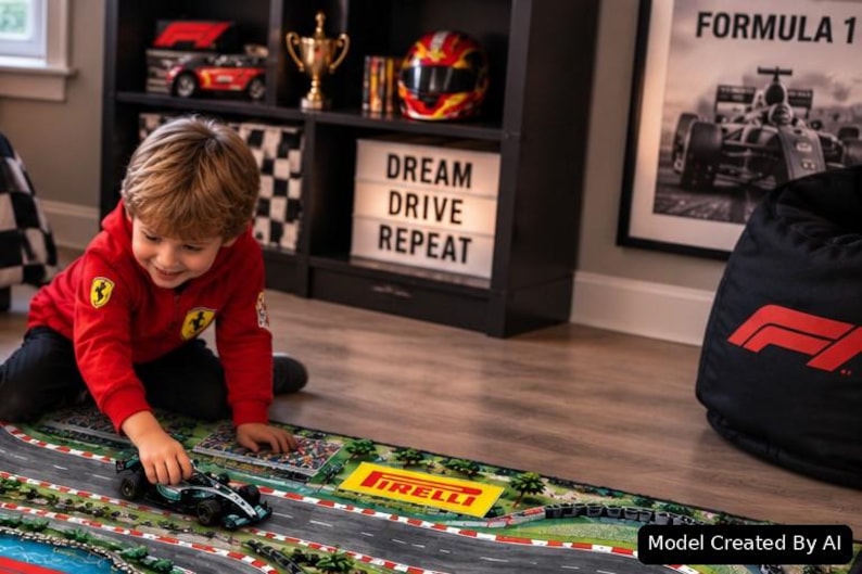 Kid Grand Prix Activity Carpet featuring a Race Car Road Rug Formula 1 Track Play Mat design for children who love racing, perfect for a bedroom, playroom or nursery and encouraging Imaginative Play with Red Bull Mercedes Ferrari inspired toy cars. image created with AI.