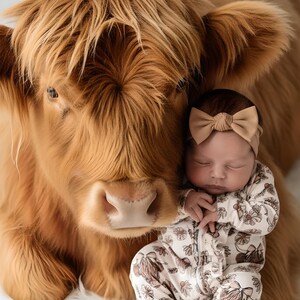 May include: A newborn baby wearing a beige bow and a floral patterned onesie, resting next to a large, fluffy, light brown Highland cow. The cow has long, shaggy fur and a gentle expression.