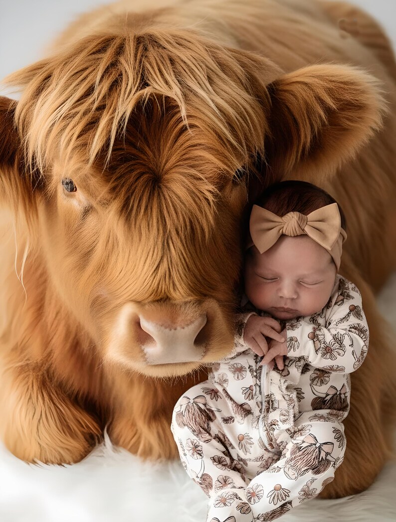 May include: A newborn baby wearing a beige bow and a floral patterned onesie, resting next to a large, fluffy, light brown Highland cow. The cow has long, shaggy fur and a gentle expression.