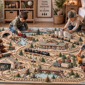 Train Track Play Rug Kids Railroad Area Carpet Toy Train Station Activity Mat Toddler Educational Playmat Boy Room Decor Christmas Gift
