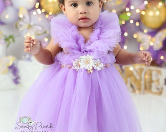 Baby Girl Tutu Frock, Purple Frock, 1st Birthday Ruffles Neckline Frock, Baby Girl Fairytale Frock, Gold Applique Frock