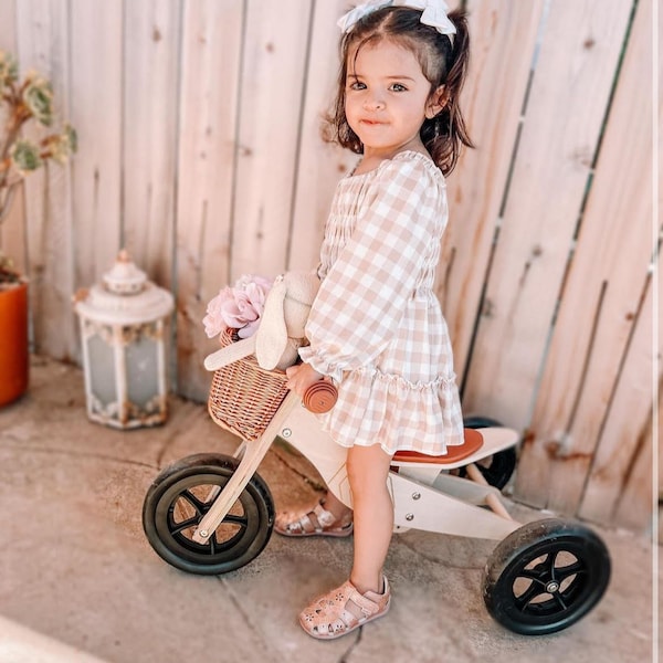 Tan Checkered Romper, Jupe Girly Romper, Ruffle Summer Flow Infant Jupe Romper, Tenue Gal pour tout-petits, Jupe de vêtements décontractés