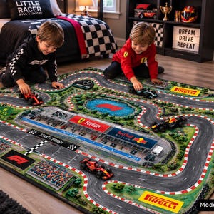 Formula 1 Track Play Mat featuring a detailed Race Car Road Rug and Grand Prix racing course for toy cars, a creative Nursery Educational Mat and Kid Grand Prix Activity Carpet that encourages Imaginative Play for young racing fans. Image created with AI.