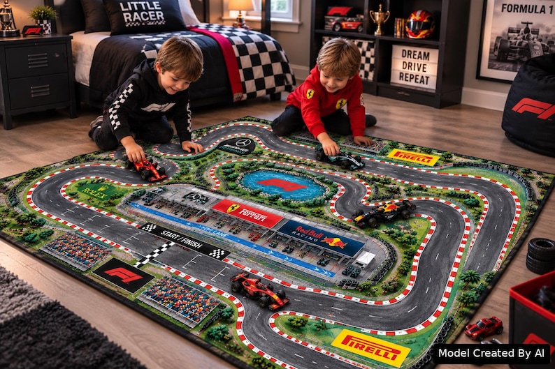 Formula 1 Track Play Mat featuring a detailed Race Car Road Rug and Grand Prix racing course for toy cars, a creative Nursery Educational Mat and Kid Grand Prix Activity Carpet that encourages Imaginative Play for young racing fans. Image created with AI.