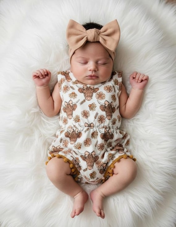 Baby Girls Floral Highland Cow Pom Romper Western Summer Outfit Cute Clothes For Girls Baby Clothing Baby Gift For Girls Baby Shower Gift