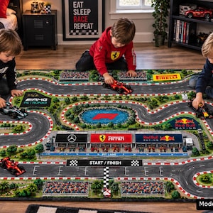 Interactive Race Car Road Rug Formula 1 Track Play Mat designed for little racing fans, featuring a Kid Grand Prix Activity Carpet layout for toy cars and a fun Nursery Educational Mat for Imaginative Play with Red Bull Mercedes Ferrari inspired racers. Image created with AI.