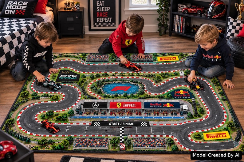Interactive Race Car Road Rug Formula 1 Track Play Mat designed for little racing fans, featuring a Kid Grand Prix Activity Carpet layout for toy cars and a fun Nursery Educational Mat for Imaginative Play with Red Bull Mercedes Ferrari inspired racers. Image created with AI.