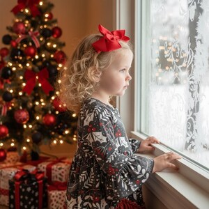 Girls Long Ruffle Holiday Christmas Dresses For Church Grey + Red Berry Skirt Details for School Play Winter Celebration Ready 2T to 8Yrs