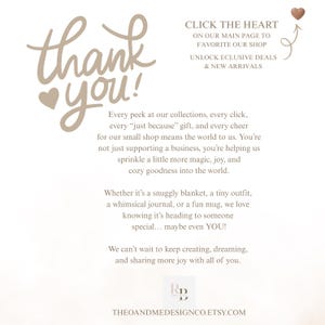 K&ouml;nnte beinhalten: Cremefarbene Grafik mit den Worten "thank you!" in handschriftlicher Schrift, zusammen mit Text, der Kunden ermutigt, den Shop f&uuml;r exklusive Angebote zu favorisieren. Der Shop-Name und die Etsy-URL stehen unten.