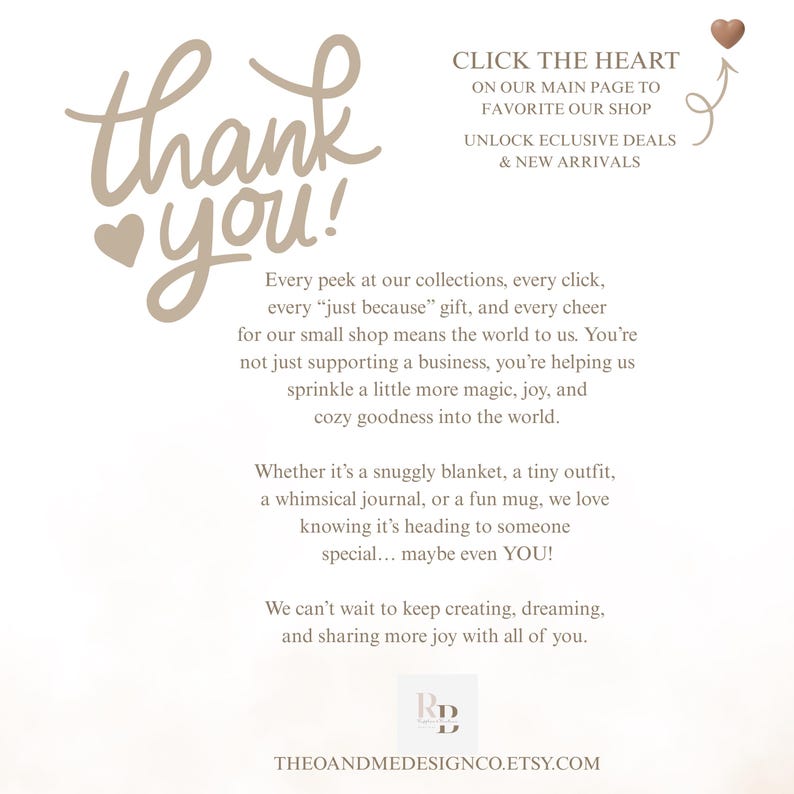 K&ouml;nnte beinhalten: Cremefarbene Grafik mit den Worten "thank you!" in handschriftlicher Schrift, zusammen mit Text, der Kunden ermutigt, den Shop f&uuml;r exklusive Angebote zu favorisieren. Der Shop-Name und die Etsy-URL stehen unten.