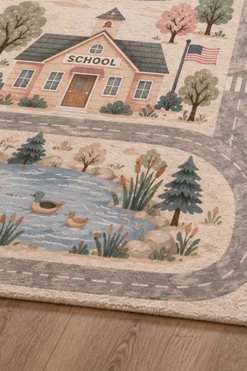 May include: A rectangular area rug featuring a printed scene of a school building with the word SCHOOL above the door, an American flag, a winding gray road, and a blue pond with two ducks, surrounded by green trees and cattails on a light background.