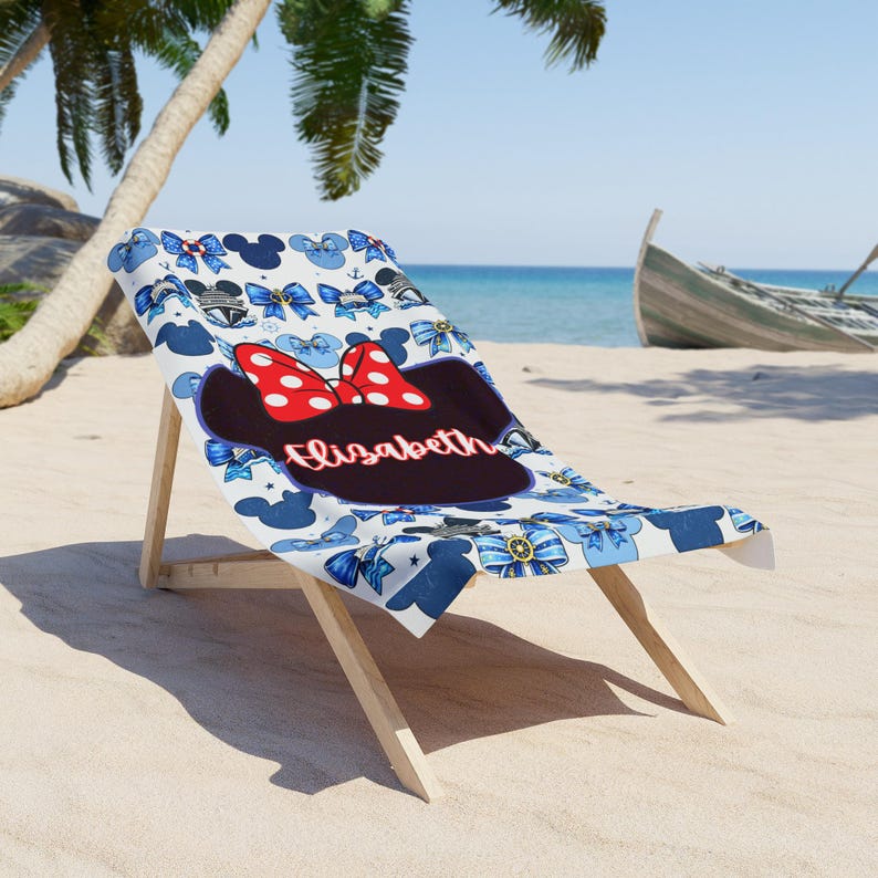 Soft plush personalized beach towel with Minnie Mouse cruise style artwork, perfect for children traveling on a family cruise. Great birthday gift from grandparents and a fun keepsake for summer travel and swimming days.