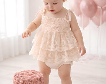 Girl First Birthday Dress Romper Ivory Lace Vintage Feel First Birthday Outfit Girl Smash Cake Outfit Special Occasion Dress Gift