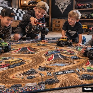 Monster Truck Play Mat Big Wheel Crusher Arena Road Rug Dirt Mud Track Activity Carpet Toddler Educational Playmat Boy Room Decor Gift