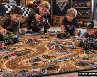 Monster Truck Play Mat Big Wheel Crusher Arena Road Rug Dirt Mud Track Activity Carpet Toddler Educational Playmat Boy Room Decor Gift