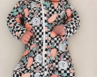 Easter Baby Boy Sleeper with Zipper Jumpsuit with Convertible Cuffs Baby Boy Sleepsuit Black Check Rad Bunny's & Carrots Infant First Easter