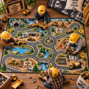 Construction Mat Kids Vehicle Play Rug Dump Truck Backhoe Road Track Digger Site Playmat Nursery Decor Christmas Birthday Gift Son Grandson