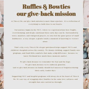 Puede incluir: Gr&aacute;fico beige con el texto "Ruffles & Bowties our give-back mission". El texto describe la misi&oacute;n de la empresa de apoyar las UCIN y los hospitales infantiles. El texto tambi&eacute;n menciona la donaci&oacute;n de ropa y el apoyo a los programas de atenci&oacute;n familiar.