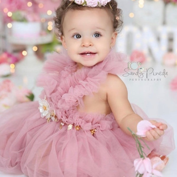 Baby Girl Tutu Dress, Dusty Rose Tulle, 1st Birthday Ruffles Neckline Dress, Baby Gal Fairytale Frock, Fancy Tulle Dress