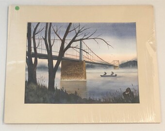 24"x20" Original Matted Watercolor PAINTING River Bridge by JOYCE GILBERT 1985