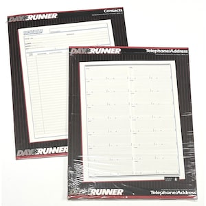 May include: Two Day-Runner brand contact and telephone/address log books. The covers are black with red and white stripes. The pages are white with black lines. The text on the covers reads "Contacts" and "Telephone/Address".